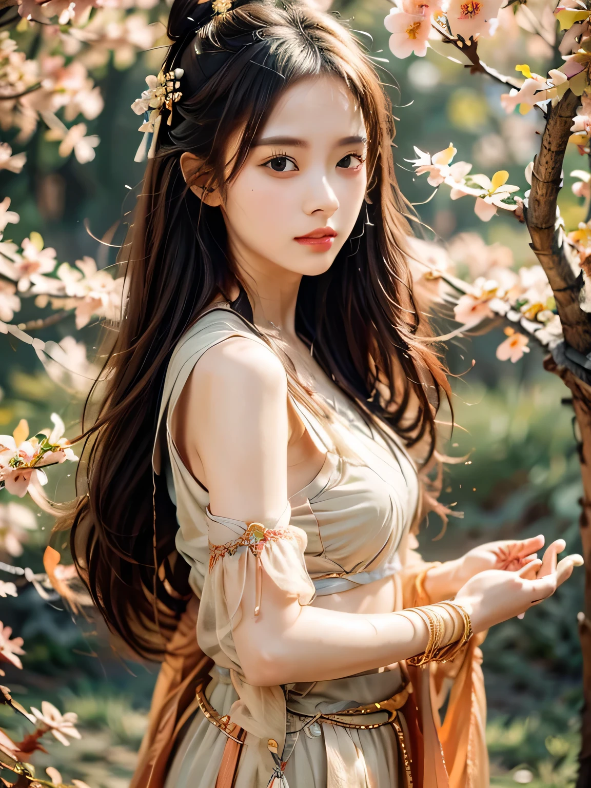 A beautiful girl，18 years old，Delicate face，Black long hair，Hanfu，Peach Blossom Forest，Medium shot，side。