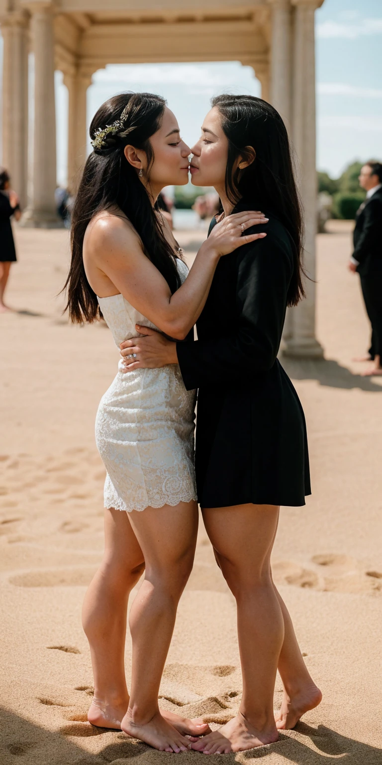 Body position: Standing, straight, symmetrical, barefoot, Lustful smile on face with red blush, 2 girls who gets married and stands in front of many people, kissing
