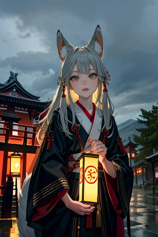 Pretty Face、beautiful eyes、Masterpiece top quality　midnight　Fox Ear Beauty　Silver Hair　Common　20 years old　The fox gets married　Fushimi Inari Taisha Shrine　fantastic　mystery　wonderland　Rainy day in Gion, Kyoto