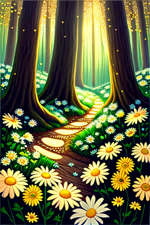 Forest floor, daisies, merry elves, shiny sunbeams