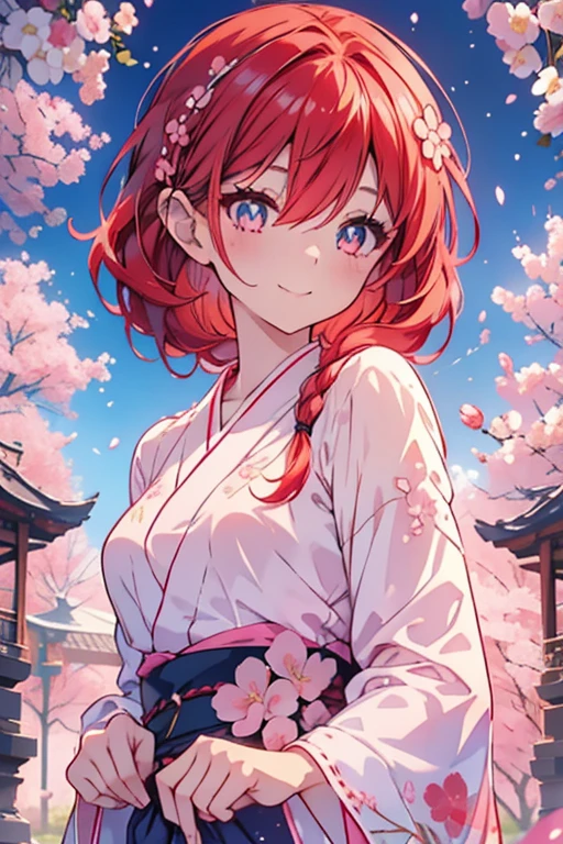 Ri Sakurai, Hair between the eyes, long hair, (Red hair:1.5), (Small Breasts:1.2), Smile,Cherry Blossom Hair Accessories,Short braided hair,Pink floral pattern yukata,cherry blossoms scattered,Pink Landscape,
Break the viewer&#39;s line of sight, 
Rest outdoors, best quality, high resolution, Unity 8k Wallpaper, (number:0.8), (Delicate and beautiful eyes:1.6), The face is rich in detail, Perfect lighting, Very detailed CG, (Perfect hands, Perfect anatomical structure),