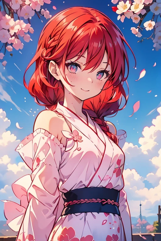 Ri Sakurai, Hair between the eyes, long hair, (Red hair:1.5), (Small Breasts:1.2), Smile,Cherry Blossom Hair Accessories,Short braided hair,Pink floral pattern yukata,cherry blossoms scattered,Pink Landscape,
Break the viewer's line of sight,
Rest outdoors, best quality, high resolution, Unity 8k Wallpaper, (number:0.8), (Delicate and beautiful eyes:1.6), The face is rich in detail, Perfect lighting, Very detailed CG, (Perfect hands, Perfect anatomical structure),