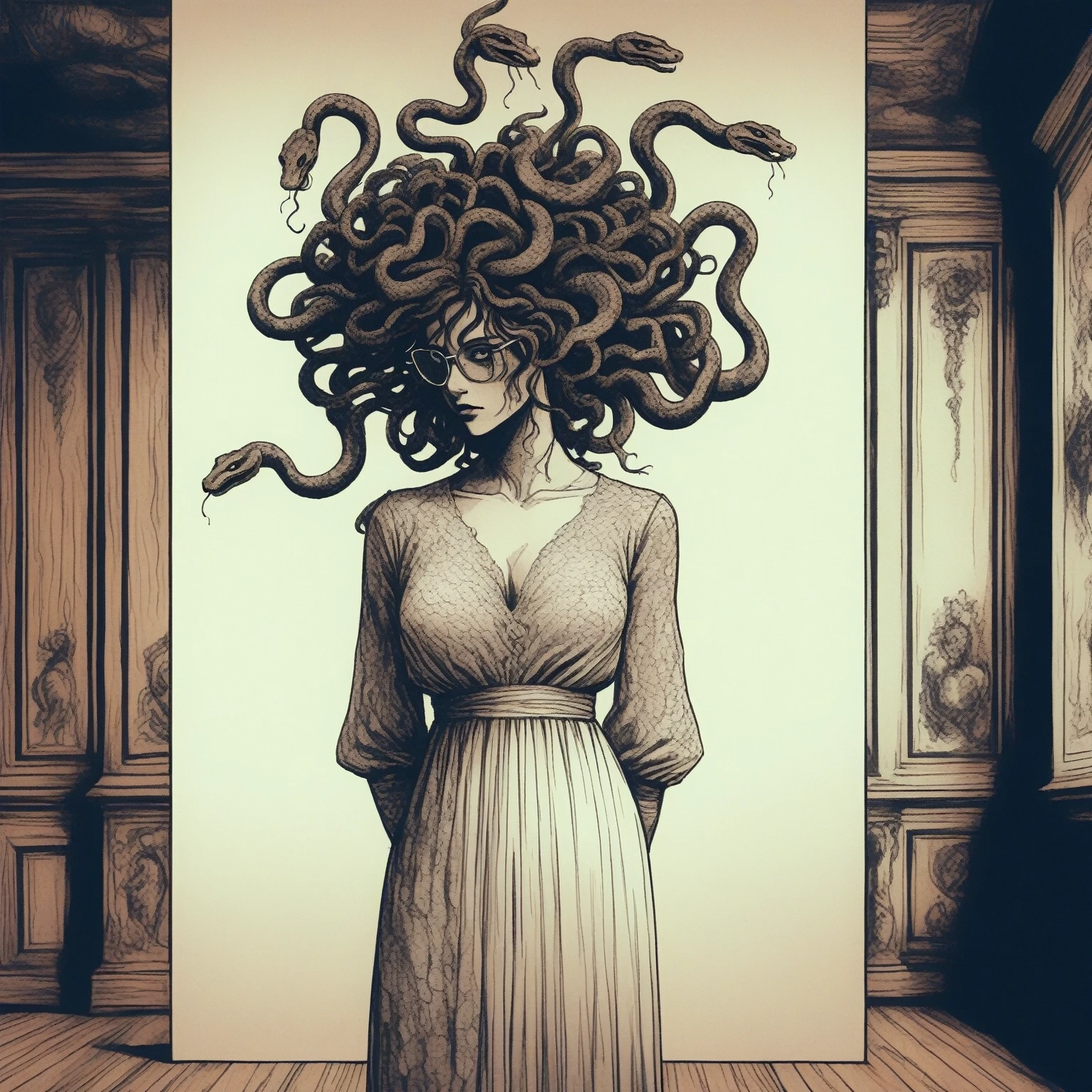 VHS, glitch, distorted, nostalgia, 90's retro vibes, analog tape, vcr aesthetics, tv, television, hand drawn, Gorgon Medusa snake woman hybrid, wearing dress made of white lace, ornate frilly shades of white lace linen outfit, full length portrait, in wooden room, nighttime, no light source, darkness, (full roygbiv color) ink charcoal expressive illustration