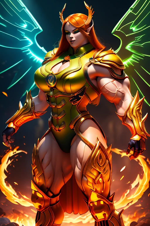 (((Massive, beautiful, buff, pale white skinned, muscular woman with orange hair, black lipstick, glowing green eyes, huge angel wings, ginormous bulky muscles and wearing a beautiful long black futuristic armored cheongsam dress))), (close view), massive muscles, massive biceps, huge angel wings, hyper muscle triceps, (long green hair), green eyes, (beautiful long cheongsam dress), gauntlets, high heels boots, in a sea of orange flames, surrounded by orange fire, night, smirk, hyper muscles arms, hyper muscle legs, massive arms.