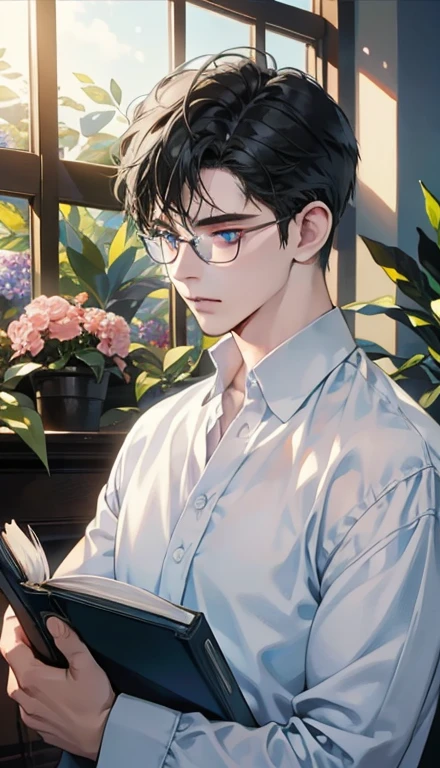 1 boy，male，young people，pale boy，plant，flowers，Low screen contrast，high brightness，Black hair，Glasses，blue eyes，soft light lighting，soft focus，, anime big breasts, Impressionism, movie lighting, close up, ultra high definition, masterpiece, high detail，book