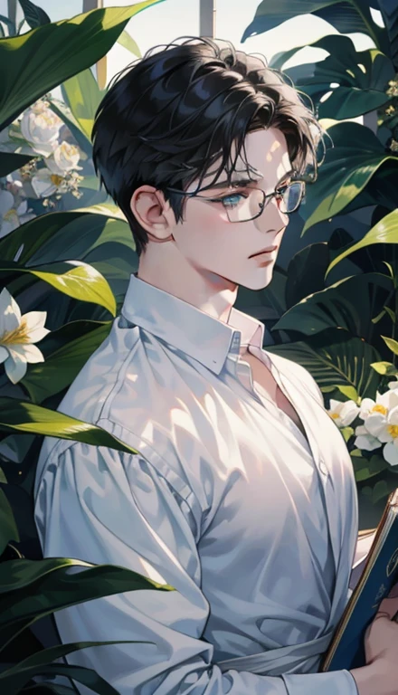 1 boy,male,young people,pale boy,plant,flowers,Low screen contrast,high brightness,Black hair,Glasses,blue eyes,soft light lighting,soft focus,, anime big breasts, Impressionism, movie lighting, close up, ultra high definition, masterpiece, high detail,book
