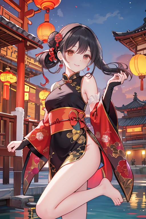 best quality,official art,Extremely detailed CG unified 8k wallpaper, (Wide-angle lens),1 girl, (Meiyu Edelfeldt),,black hair,brown eyes,seductive smile,National Science Foundation, barefoot, see through dress, Butterfly, Butterfly hair accessories, backless dress, Chinese clothes,sleeveless, twice as good,Golden dragon pattern,barefoot,full moon,Elbow gloves,bun, hair accessories,jewelry,earrings,Bead Anklet,thin legs,nail polish, medium breasts, alone, toenail polish, toe armor, toe, Double tail,outdoor,Chinese style architecture, Chinese style, lake, ancient town, Beautiful and detailed water,red lantern,fireworks,