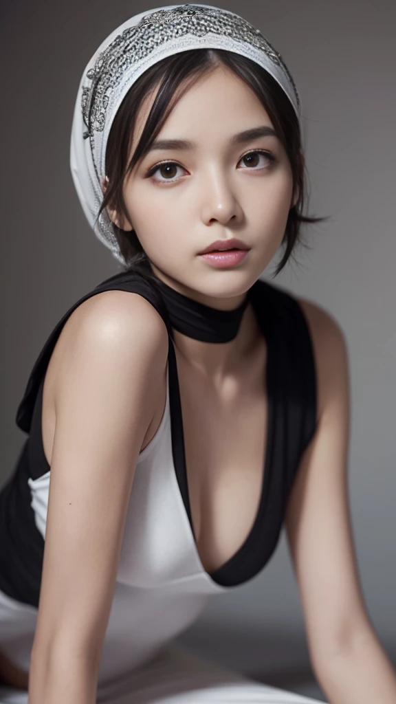 (((masterpiece, highest quality, Super detailed))), 1 female, (((very thin body))) , (((length, thin legs))), (((black short hair, Head scarf ))), (((highly detailed face))), cosmetics free, small, thin nose, small thin mouth, (((Very sharp focused eyes))),  Japanese,  beautiful face, (lifelike face),  beautiful hairstyle, realistic eyes, fine and beautiful eyes, (real looking skin), beautiful skin, charm, Photo shoot that recreates Tim Burton&#39;How the world sees it、The mysterious bunny girl style is also one of the highlights..。Victorian pink bunny girl style、Rabbit ears headband,Design using Gothic elements&#39;You can also create spooky and unique hairstyles....。High resolution、Capture every detail clearly、,、Use a bright and vibrant color palette。As background:、Carefully selected mysterious and fantastical cityscapes and locations that appear in the work..、Image created in collaboration with Tim Burton&#39;Distinctive dark shadows and strange details。.。sculpture installation