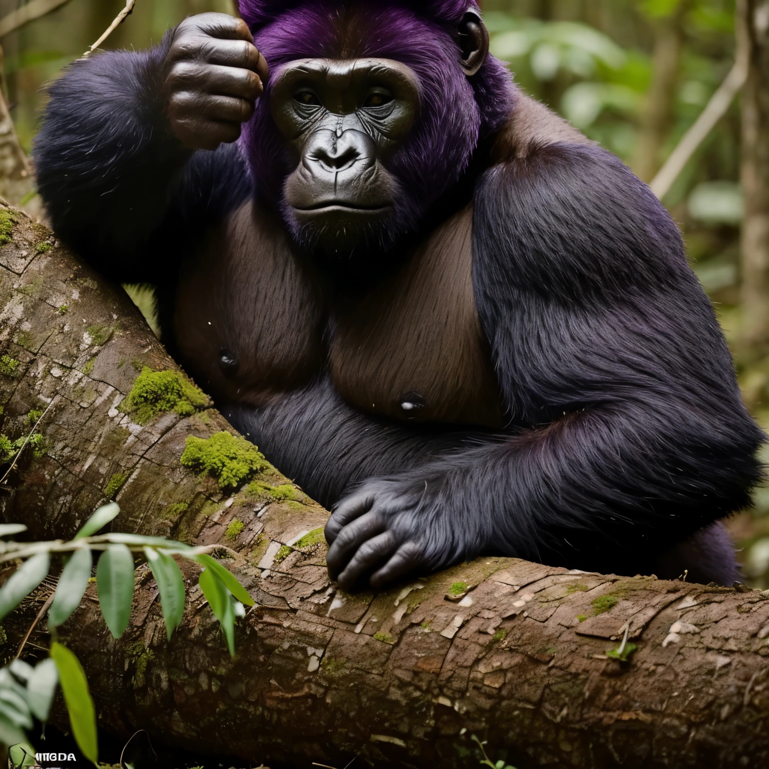 urso roxo forte armado e com uma coroa, abaixo um gorila cheio de sangue e cortes se ajoelhando. no fundo uma floresta em chamas