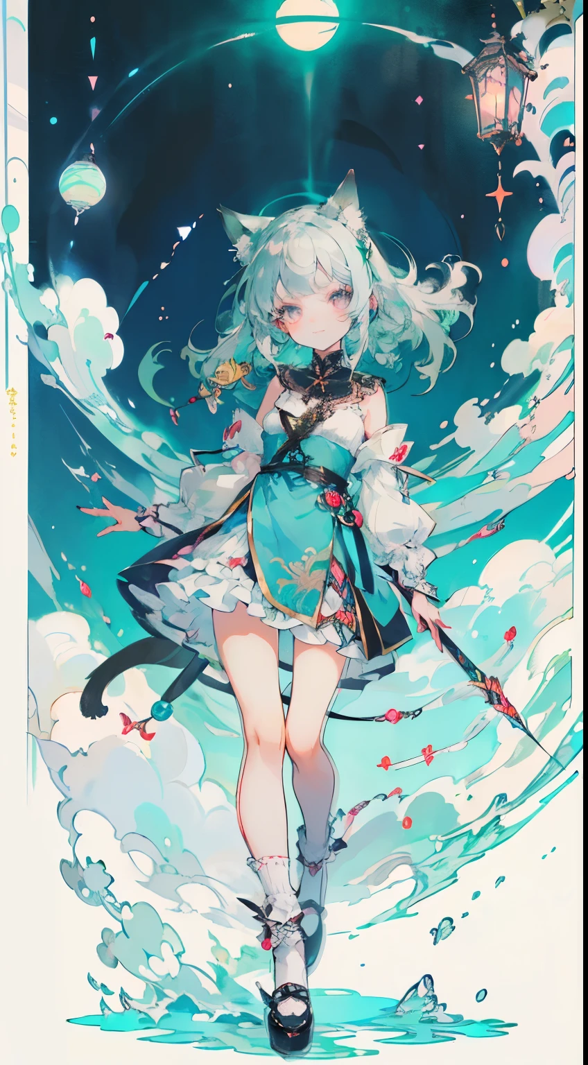 ((Tabletop, highest quality: 1.1), ((Anime girl in a blue dress holding a magic wand)), Art Nouveau、メイド服を着たアニメのCat girl, , ((Green hairs))、Long-haired、((Eyes like shining jewels Long lashes Transparency))、Very Beautiful Anime Cat girl, アニメCat girl, ((White knee-high socks)), 魅力的なCat girl, Inspired by Leiko Ikemura, Takano Aya color style, in ryuuou no oshigoto art style, Cat girl, Favorite character, rei hiroe、With a smile