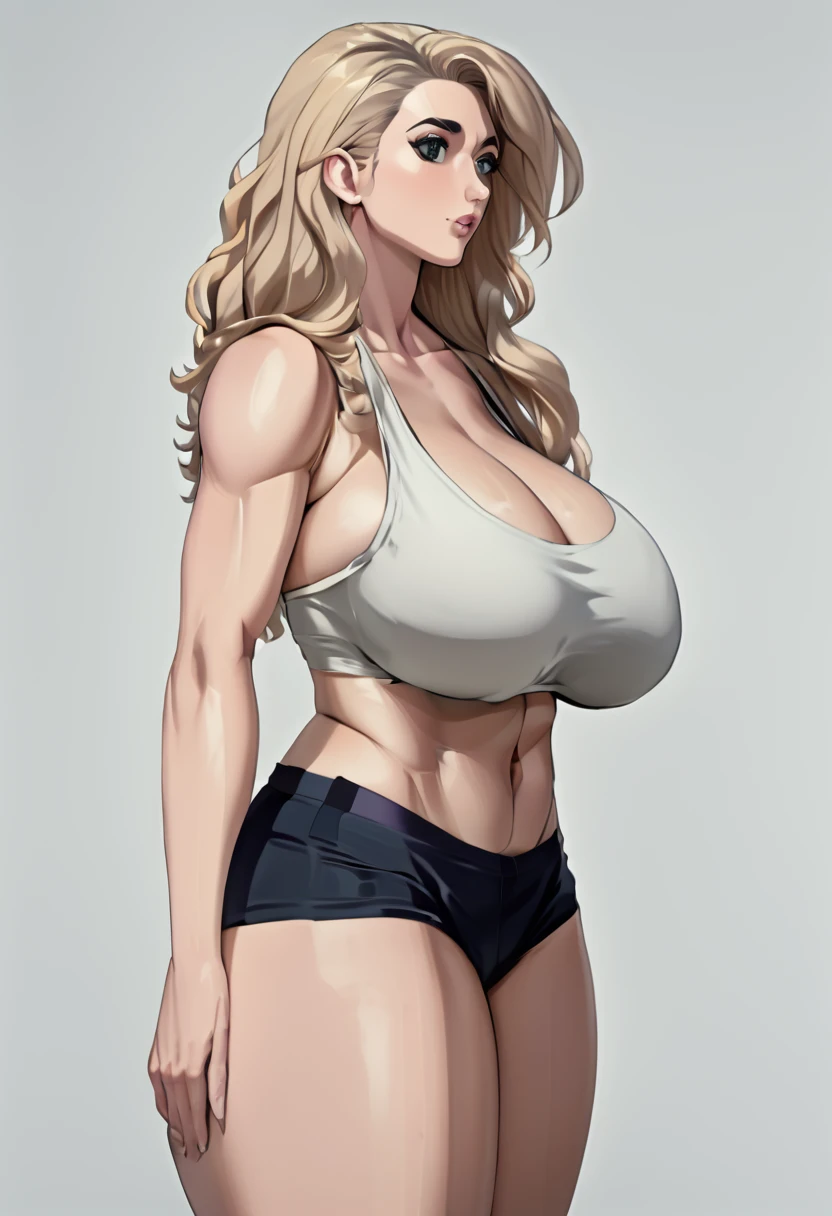 detailed illustration (side view),dynamic angle,ultra-detailed, illustration, pose for the camera, anime, clean line art, shading, woman, bulky, buff, tank top, booty shorts, flowing blonde curls, muscular, big muscles, tall, very tall, broad shoulders, wide shoulders, thick, thicc, shapely, curvy, plump, thunder thighs, tree trunks for legs, pythons for arms, toned stomach, flat stomach 