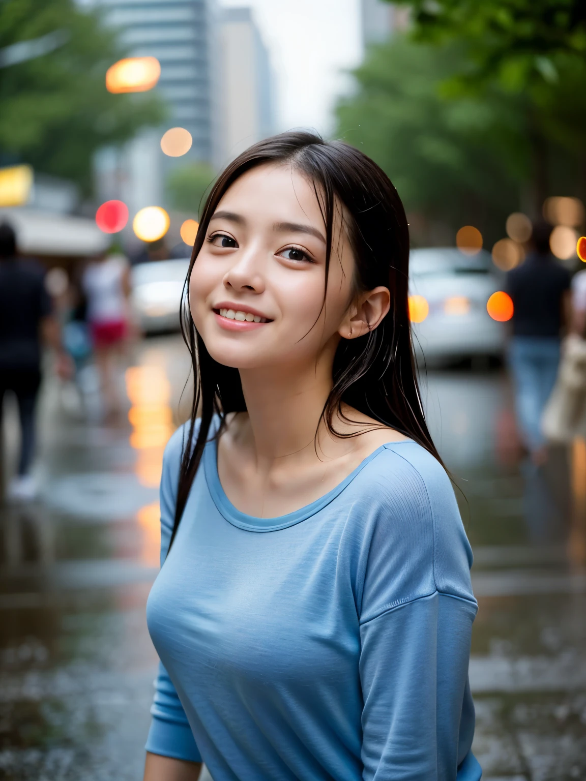 (Best-quality, Masterpiece, Ultra-High-Resolution, (Photorealistic:1.4), Raw Photo, depth of field, professional lighting, perfect anatomy, extremely details), 1girl, the most famous Japanese idol, innocent smile, upper body, at street in heavy-rain, (((wearing very wet casual-clothes from heavy-rain, extremely wet hair from heavy-rain))), (extremely cute face, extremely wet face from heavy-rain, ((extremely cute and extremely big eyes)), extremely beautiful realistic- skins, extremely wet body from heavy-rain)