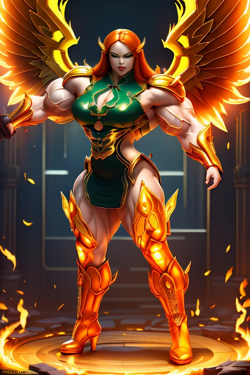 (((Massive, beautiful, buff, pale white skinned, muscular woman with orange hair, black lipstick, glowing green eyes, huge angel wings, ginormous bulky muscles and wearing a beautiful long black futuristic armored cheongsam dress))), (close view), massive muscles, massive biceps, huge angel wings, hyper muscle triceps, (long green hair), green eyes, (beautiful long cheongsam dress), gauntlets, high heels boots, in a sea of orange flames, surrounded by orange fire, night, smirk, hyper muscles arms, hyper muscle legs, massive arms.