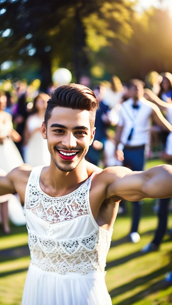 a handsome young man in a white lace dress, joyfully dancing in a park, surrounded by audience, beautiful detailed eyes, beautiful detailed lips, extremely detailed eyes and face, long eyelashes, elegant pose, dynamic movement, sunlight, glowing skin, photorealistic, highly detailed, cinematic lighting, vibrant colors, masterpiece, 8k
