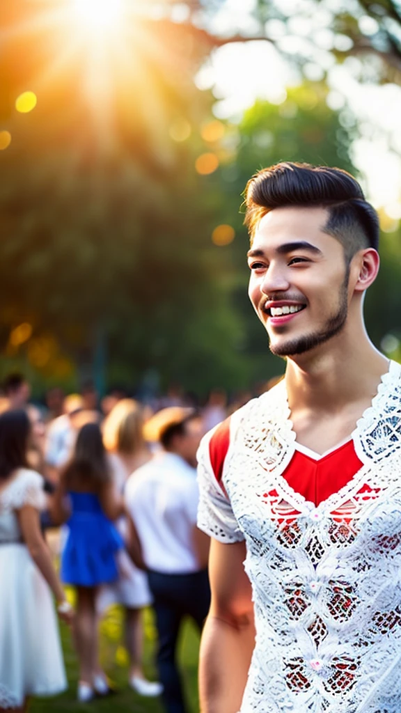 a handsome young man in a white lace dress, joyfully dancing in a park, surrounded by audience, beautiful detailed eyes, beautiful detailed lips, extremely detailed eyes and face, long eyelashes, elegant pose, dynamic movement, sunlight, glowing skin, photorealistic, highly detailed, cinematic lighting, vibrant colors, masterpiece, 8k