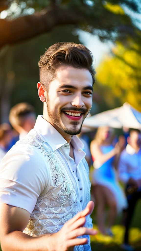 a handsome young man in a white lace dress, joyfully dancing in a park, surrounded by audience, beautiful detailed eyes, beautiful detailed lips, extremely detailed eyes and face, long eyelashes, elegant pose, dynamic movement, sunlight, glowing skin, photorealistic, highly detailed, cinematic lighting, vibrant colors, masterpiece, 8k