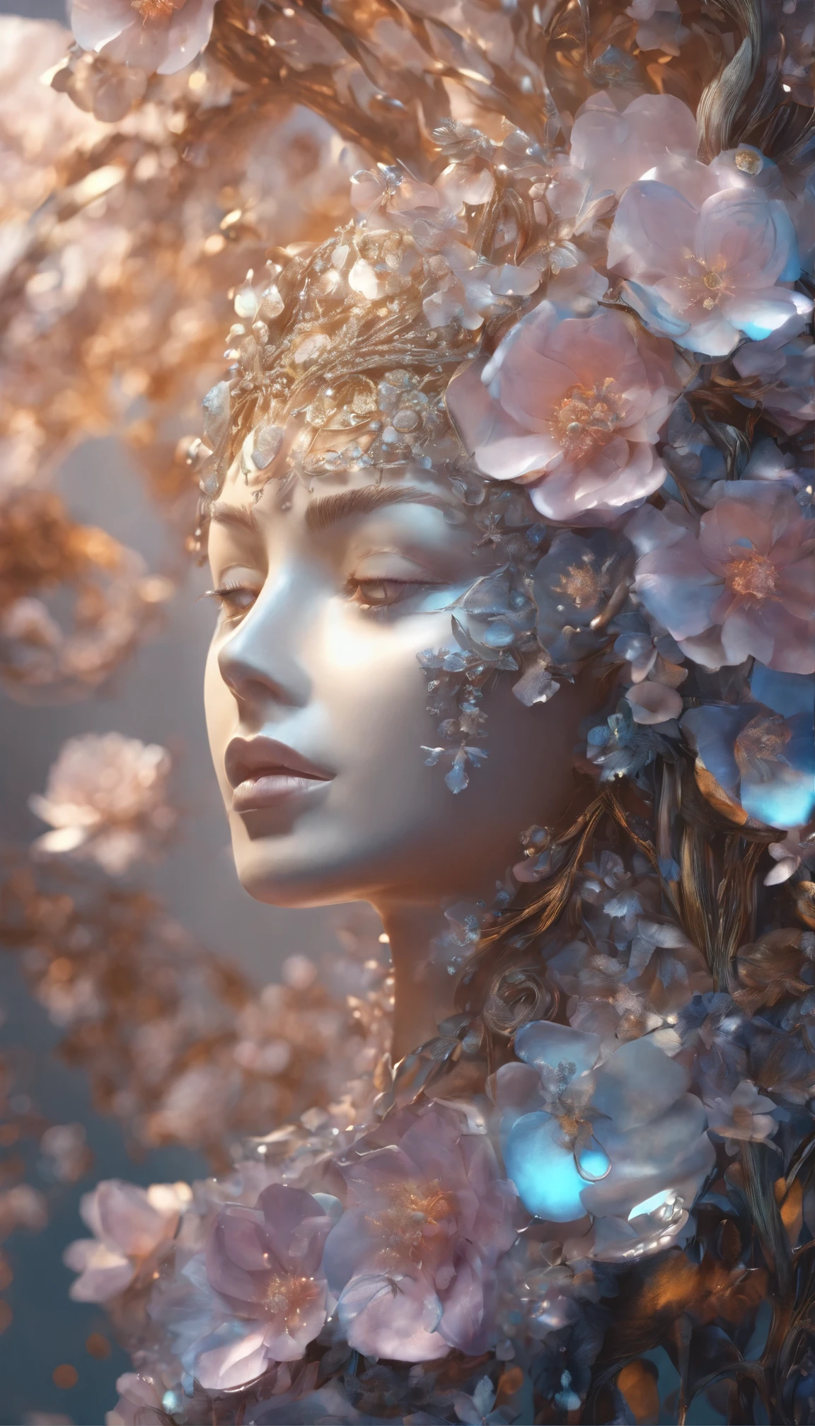 moon,moonlit night,All expressed with jewels, the arrival of spring,waterfall,fantastic scenery, transparency, angles looking up from below, various jewels falling from the sky, wonderful and beautiful superb view, slightly hazy, fantastic, high resolution, 8K, (best quality, highres, realistic:1.37), shiny metallic flowers, intricate and delicate petals, reflective surfaces, vibrant colors, intricate details, close-up view, surreal garden, surreal beauty, dreamy atmosphere, fine art, abstract botanicals, metallic sculpture, contrasting textures, ethereal glow