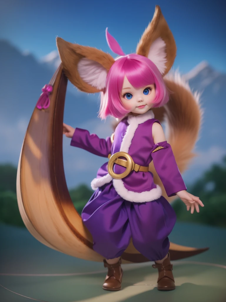 Extremely realistic, Super detailed, Make this reality, focus, ((8K, Raw, Photography Realism:1.25)), Epic skins, ((GirlsChildren)), ((8 year old girl)), Lovely, Lovely face, ((hyper realistic face)), Face, Ultra detailed face, (Face), ((Fox role-playing)), Fox ears, feather ear, (Pink Mantel Clothes)), Perfect face, Realistic eyes, blue eyes, beautiful eyes, Clean your eyes, Realistic nose, Realistic lips, 粉色头发和狐狸Tail的人的特写镜头, Female furry mini cute style, Fox and bush, Pink Fox, feather, 超现实的feather, Hyper-realistic clothes, Gold rope belt, Cat's Paw Pink Gesper, Purple skin below the armor, Purple skin, Elf Character, Purple skin, Purple skin beneath the armor, Lovely characters, smooth Purple skin, Tail, hyper realistic Tail feather, Surreal skin, armor, hyper realistic armor, Boomerang Weapon, Giant Boomerang, Possession of weapons, Hyperrealistic weapons, Ultra-realistic wooden boomerang, Boomerang Gold Plate, pink arm armor, hyper realistic armor, boots, realistic boots, kitsune inspired armor, bright Purple skin, Surreal shadows, surreal lighting, Background changes, Surreal Background, White stone floor, Surrealism for Everyone, Provide extremely detailed information to everyone, Ultra clear photo