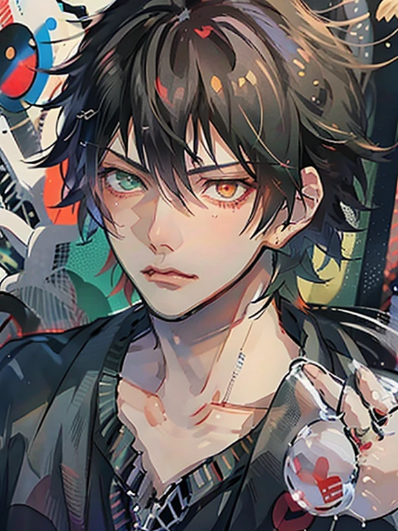 yamada ichiro\(Hypnosis Microphone\),(best quality)), buster bros, Male Focus,Red Eyes, Bangs, Black hair, Heterochromia, Green eyes,((muste piece)), perfect face,((1 male)),solo,Man in his 20s,Handsome guy,cool,