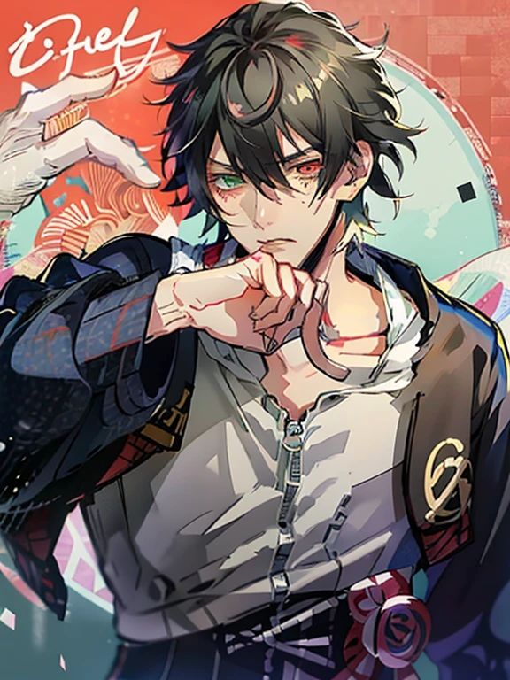 yamada ichiro\(Hypnosis Microphone\),(best quality)), buster bros, Male Focus,Red Eyes, Bangs, Black hair, Heterochromia, Green eyes,((muste piece)), perfect face,((1 male)),solo,Man in his 20s,Handsome guy,cool,