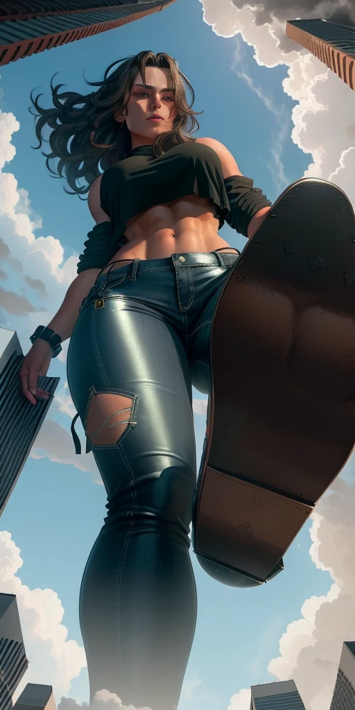 "A towering Giantess in a cool and laid-back hippie style is rocking a crop top and baggy pants. Her toned and athletic build hints at her massive strength. She seems to be casually strolling through the bustling cityscape of GTS City, as towering buildings loom overhead. Smoke and clouds roil around her, adding to the sense of epic scale and drama. The lighting is dark, gloomy, and realistic, creating a tense and ominous atmosphere. The perspective is from below, emphasizing the sheer majesty and power of the Giantess."
