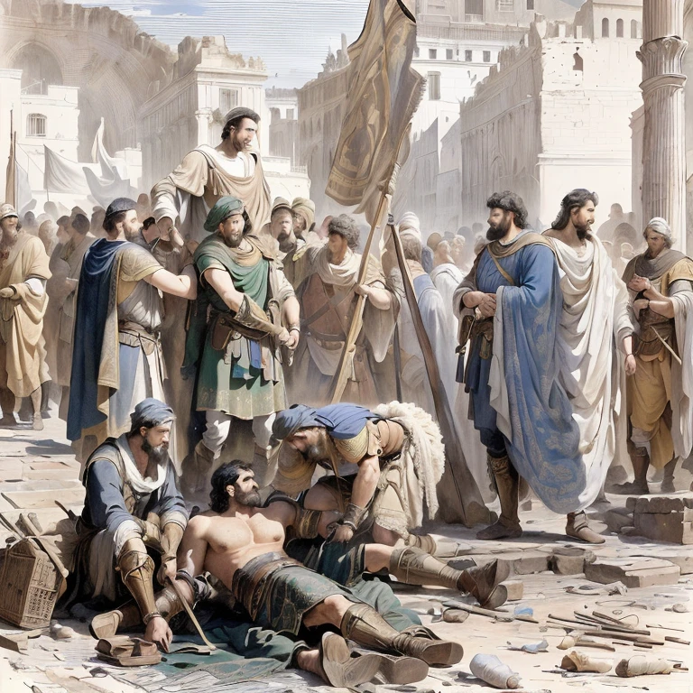 picture, depicting a group of men, standing around a man lying on the ground., historical artistic depiction, heroic scene, Giorgio De Vincenzi, market in ancient Rome, John Moonan, Robert Scott Lauder, A Dramatic Work of Art, Palace Stage, heroic, author unknown, Pieter de Seve, Painting of Goliath