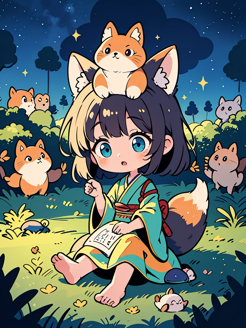 a beautiful girl sitting under a large tree on a starry summer night, glowworms flying around, a cute fox beside her, traditional japanese art style, beautiful detailed eyes, beautiful detailed lips, extremely detailed face and portrait, long eyelashes, masterpiece, best quality, 8k, hyperdetailed, photorealistic, vivid colors, cinematic lighting, serene, peaceful, whimsical