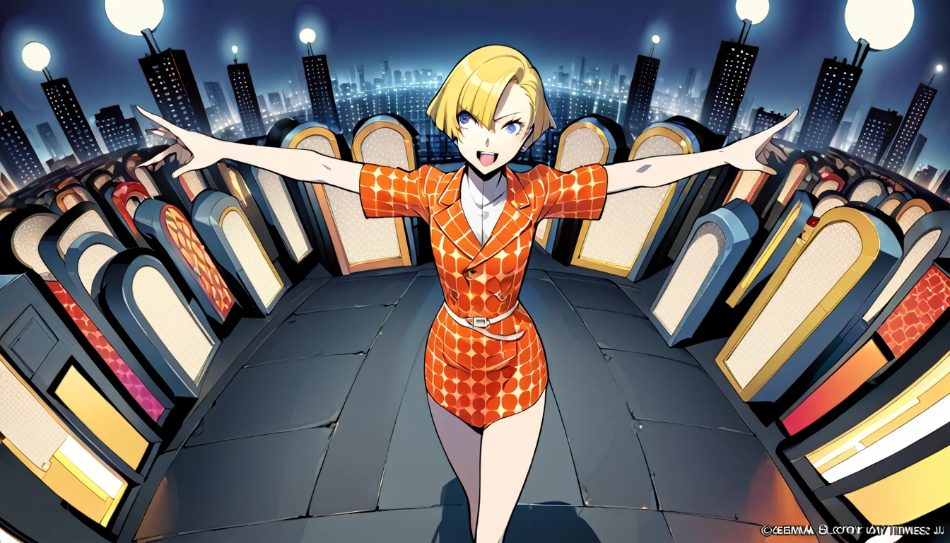 1girl, expressive eyes, wink, patterned clothes dress, jojo poses, big urban city in night time in background, detail richness, masterpiece, best quality, PERSONA style, Soejima Shigenori style