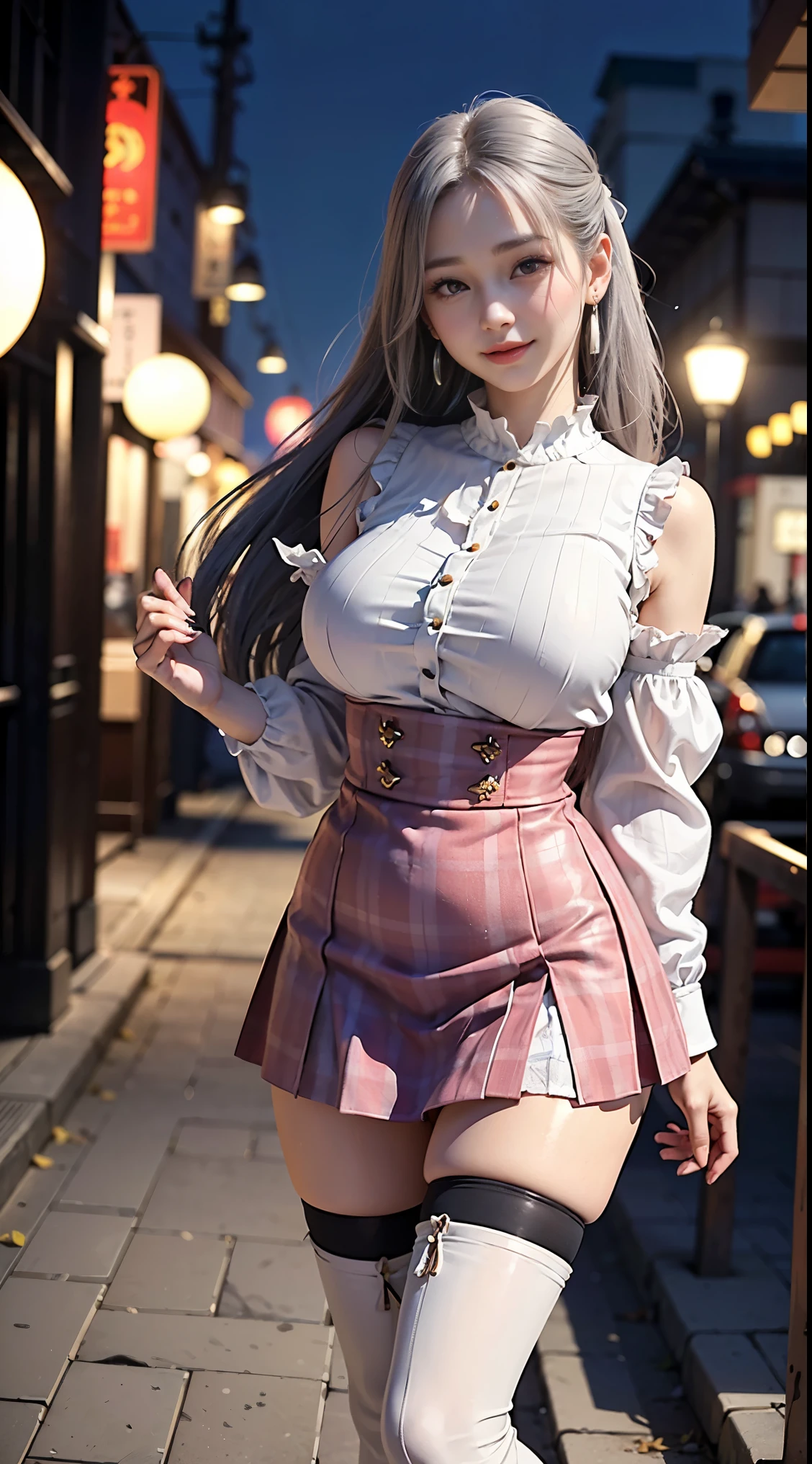 realistic, 1girl, big round breasts, clear white skin, shining eyes, parted lips, rouge, night, flowers, sun, sunshine, sfw, (sleeves rolled up), (masutepiece) (8K High Resolution) (top-quality) (ultra-definition) (A hyper-realistic) (Beautiful One Girl) (Raw photography) (Photorealsitic) (ighly detailed) (Photographed by a professional photographer) (The most beautiful face) (Perfect body) (Face and body without defects) (Detailed beautiful white skin) (Five Fingers) (9th class) (sixteen years old) (japanes) (FULL BODYSHOT)}} (Loose blouse) (Plaid miniskirt) (Walking in the city) (Very beautiful long legs) (Long pink hair) (Distract your gaze) (Very beautiful long eyes) (Very Beautiful Japan Beautiful Girl) (Very beautiful well-groomed face) (Beautiful high nose) (Very cute red lips) (Beautiful thin eyebrows) (Beautiful double eyelids) (Canon F/1.8 500 mm) (blured background) (Thigh stockings) (Cute boots) (Beautiful silver earrings) (Entire screen subject) (a smile), wearing bra,((skinny waist)), young asian girl, ((big breasted)),