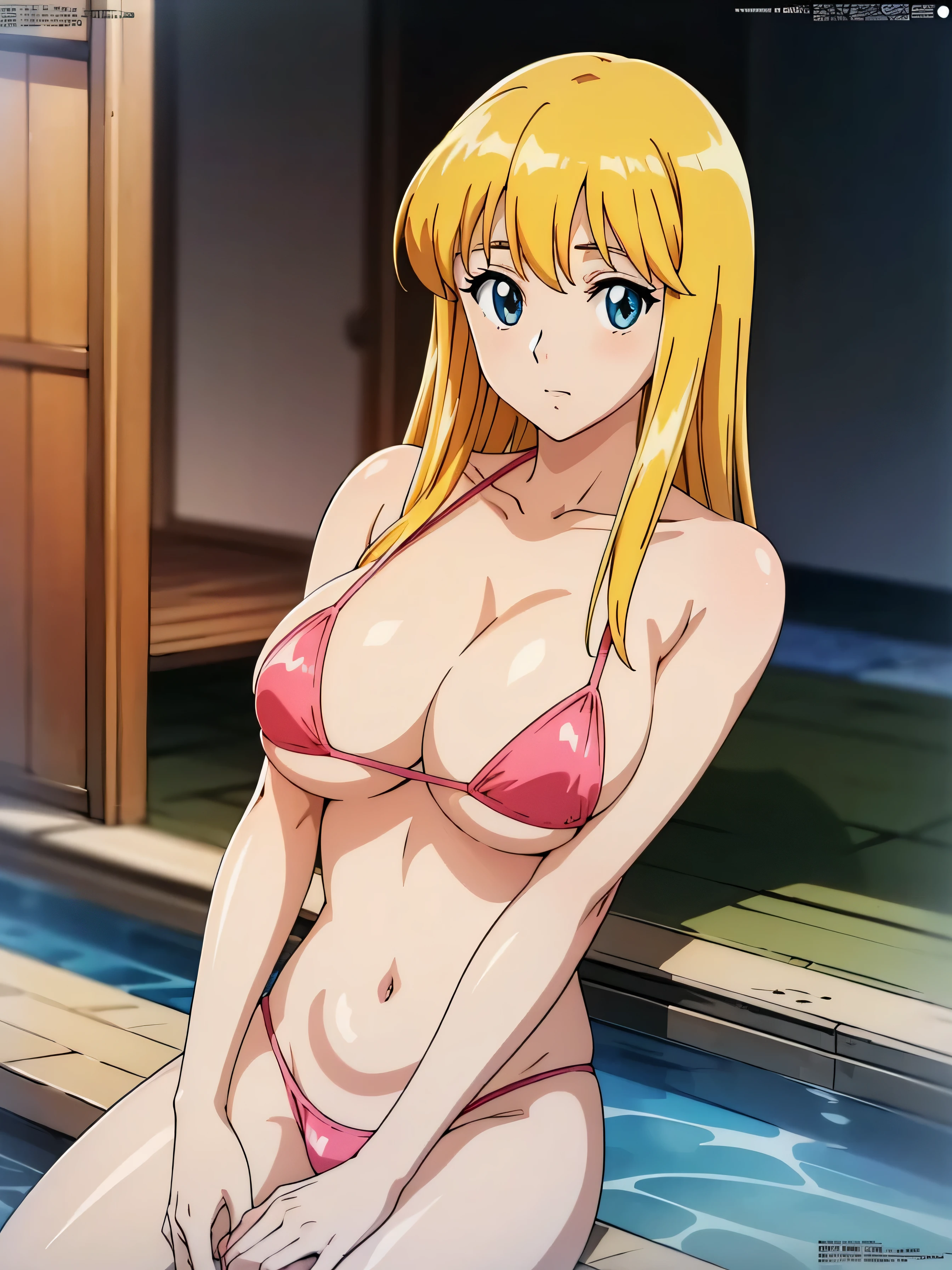 (Anime cel style, masterpiece, highest quality, High resolution, Anime Color, Megami Magazine:1.2, Anime poster style, Anime key visual, sharp, 8k, Realistic), (Beautiful Eyes:1.5), Reiko_iwife, One girl, Blonde, Long Hair, (Huge saggy breasts), Micro Bikini, Cleavage, (Upper Body:1.3), Sitting, (Perfectly detailed anatomy, Perfect Arms, Perfect Fingers, Beautiful Face, Perfect body, Shiny skin), hot spring,