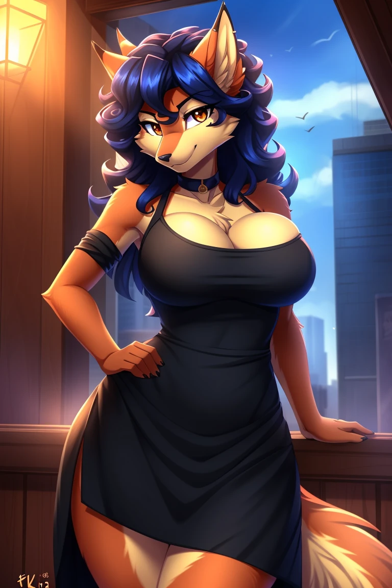 By zinfyuu on pixiv,by twistedscarlet60, uploaded on pixiv, by fluff-kevlar, (masterpiece), (best quality), (anthro furry:1.3, snout:1.2, anthro:1.3, furry:1.2, solo female:1.2), (extremely detailed:1.3), (Detailed eye part: White lens, brown iris,black cornea), tall, slim body, sweet smile, wear Black tshirt and long skirt, carmelita, busty, big breast, thick thighs