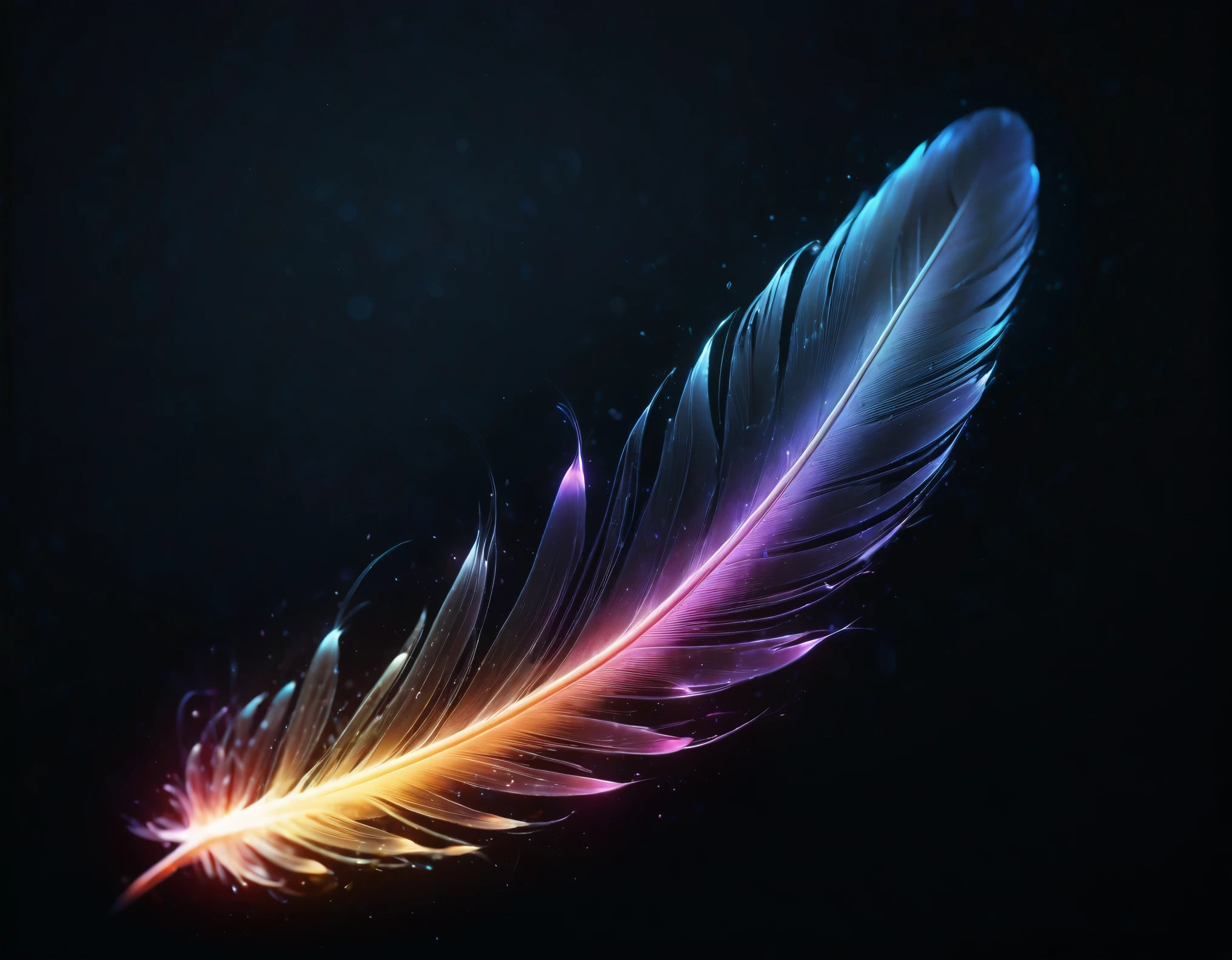 Create a stunning, high-resolution digital artwork featuring vibrant, feather-like light streaks radiating from the center against a dark background. The composition should include a spectrum of vivid colors, including shades of blue, purple, pink, red, orange, yellow, and green, seamlessly blending into each other. Each light streak should be finely detailed, resembling delicate feathers with a glowing, ethereal quality. The background should be deep black, allowing the bright colors to stand out prominently. The overall effect should be a mesmerizing, symmetrical display of colorful light feathers, creating a sense of depth and movement.