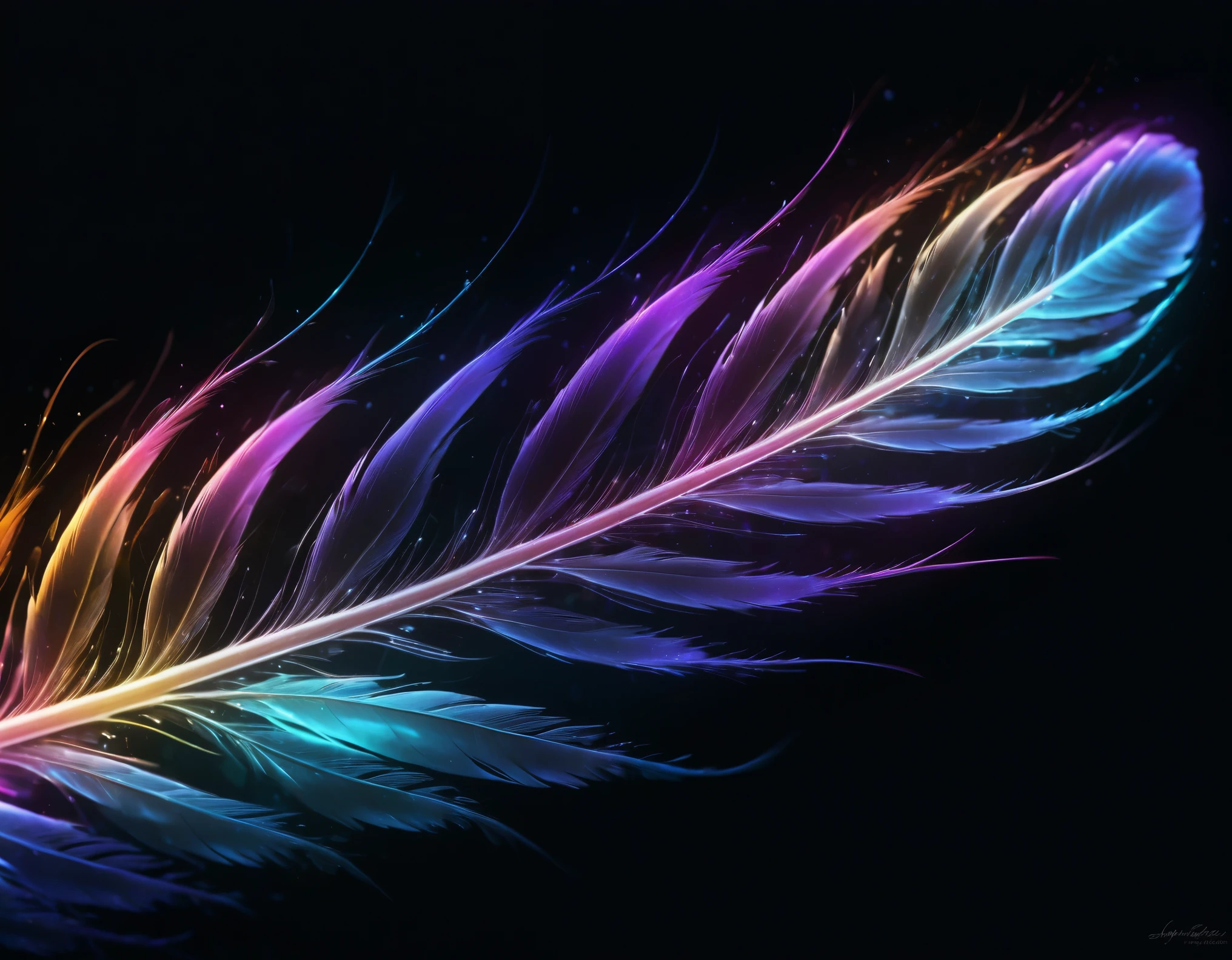 Create a stunning, high-resolution digital artwork featuring vibrant, feather-like light streaks radiating from the center against a dark background. The composition should include a spectrum of vivid colors, including shades of blue, purple, pink, red, orange, yellow, and green, seamlessly blending into each other. Each light streak should be finely detailed, resembling delicate feathers with a glowing, ethereal quality. The background should be deep black, allowing the bright colors to stand out prominently. The overall effect should be a mesmerizing, symmetrical display of colorful light feathers, creating a sense of depth and movement.