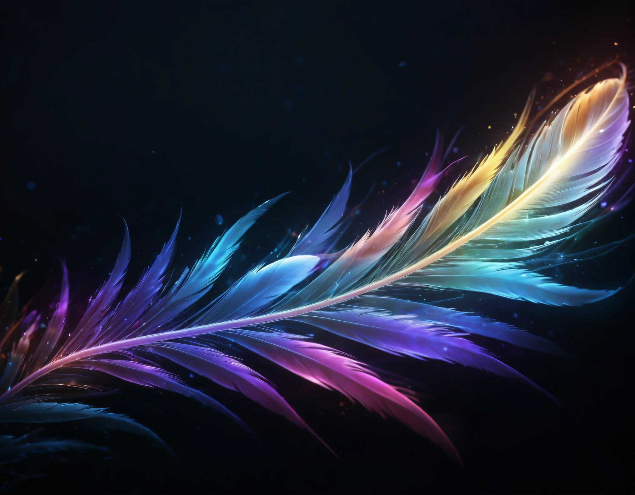 Create a stunning, high-resolution digital artwork featuring vibrant, feather-like light streaks radiating from the center against a dark background. The composition should include a spectrum of vivid colors, including shades of blue, purple, pink, red, orange, yellow, and green, seamlessly blending into each other. Each light streak should be finely detailed, resembling delicate feathers with a glowing, ethereal quality. The background should be deep black, allowing the bright colors to stand out prominently. The overall effect should be a mesmerizing, symmetrical display of colorful light feathers, creating a sense of depth and movement.