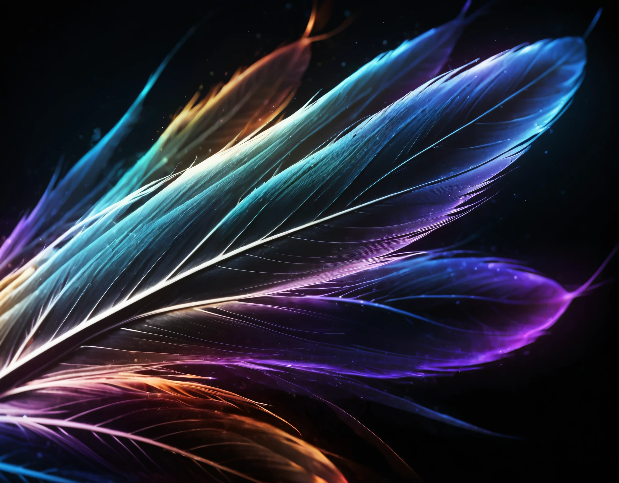 Create a stunning, high-resolution digital artwork featuring vibrant, feather-like light streaks radiating from the center against a dark background. The composition should include a spectrum of vivid colors, including shades of blue, purple, pink, red, orange, yellow, and green, seamlessly blending into each other. Each light streak should be finely detailed, resembling delicate feathers with a glowing, ethereal quality. The background should be deep black, allowing the bright colors to stand out prominently. The overall effect should be a mesmerizing, symmetrical display of colorful light feathers, creating a sense of depth and movement.