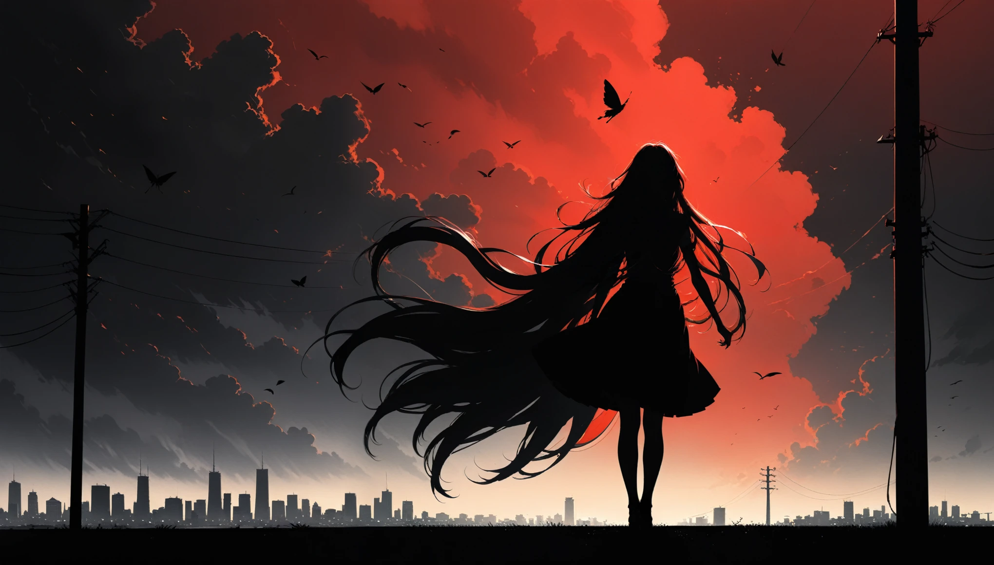 (in style of Ashley Wood:1.3),(in style of Takeshi Obata:0.9),
black and white urban skyline background,protruding utility poles,(a red silhouette of a young girl:1.6),minimalist silhouette,red silhouette,black and white background,wide_shot,silhouette of a teenage girl on a telephone pole,(selulu style:1.4),heles,flowing long skirts,(incredibly long hair fluttering in the wind:2),Small broken moon