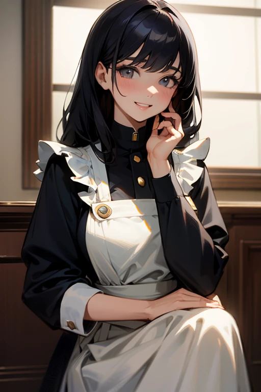 (Highest Resolution, clear_image) highest quality, Single person, One woman, alone, masterpiece, Very detailed, Semi-realistic, Black Hairのショートヘア, Black Hair, bangs, 18-year-old, mature, light blue uniform, uniform, Indoor Background, kind, Authoritative, Powerful, exquisite features, exquisite features、Eyelashes become longer、Showing teeth、smile😀、Maid clothes、woman'Fingers in the、Sleeping on the sofa、Long Hair、Fluttering in the wind、Navy blue clothes、Long Hair、Crafty、sexy、