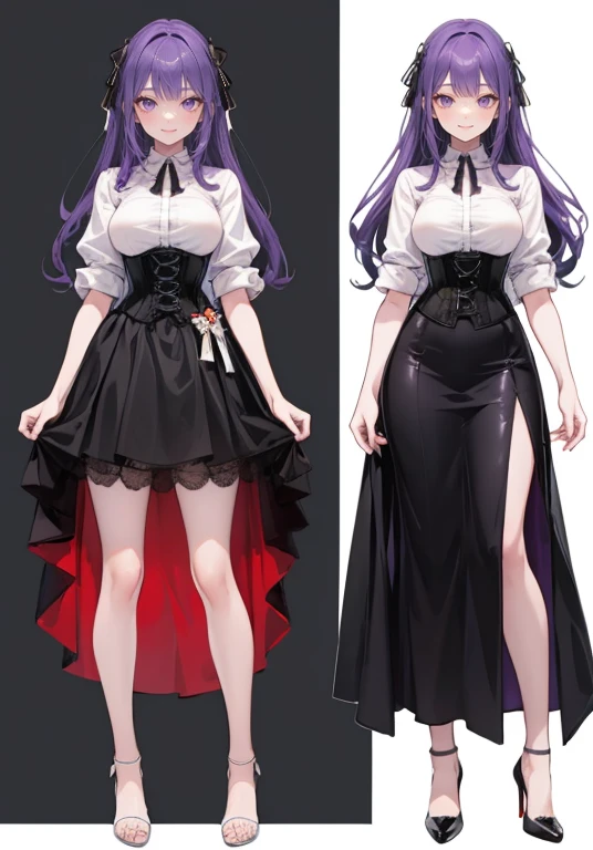 Purple hair,long hair,Adult female,Bartender,((Roll up your sleeves)),(Corset),(skirt),High heels,((Simple white background)),Smile,((Full body)),((whole body)),Character Sheet,