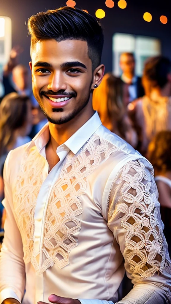 a handsome young man in a white lace dress, joyfully dancing, classroom, audience, high quality, hyperrealistic, 8k, masterpiece, beautiful detailed eyes, beautiful detailed lips, extremely detailed face, long eyelashes, photorealistic, studio lighting, vivid colors, dramatic lighting, elegant, graceful, energetic, dynamic, cinematic, intricate details, realistic fabric textures, dramatic shadows, warm color palette