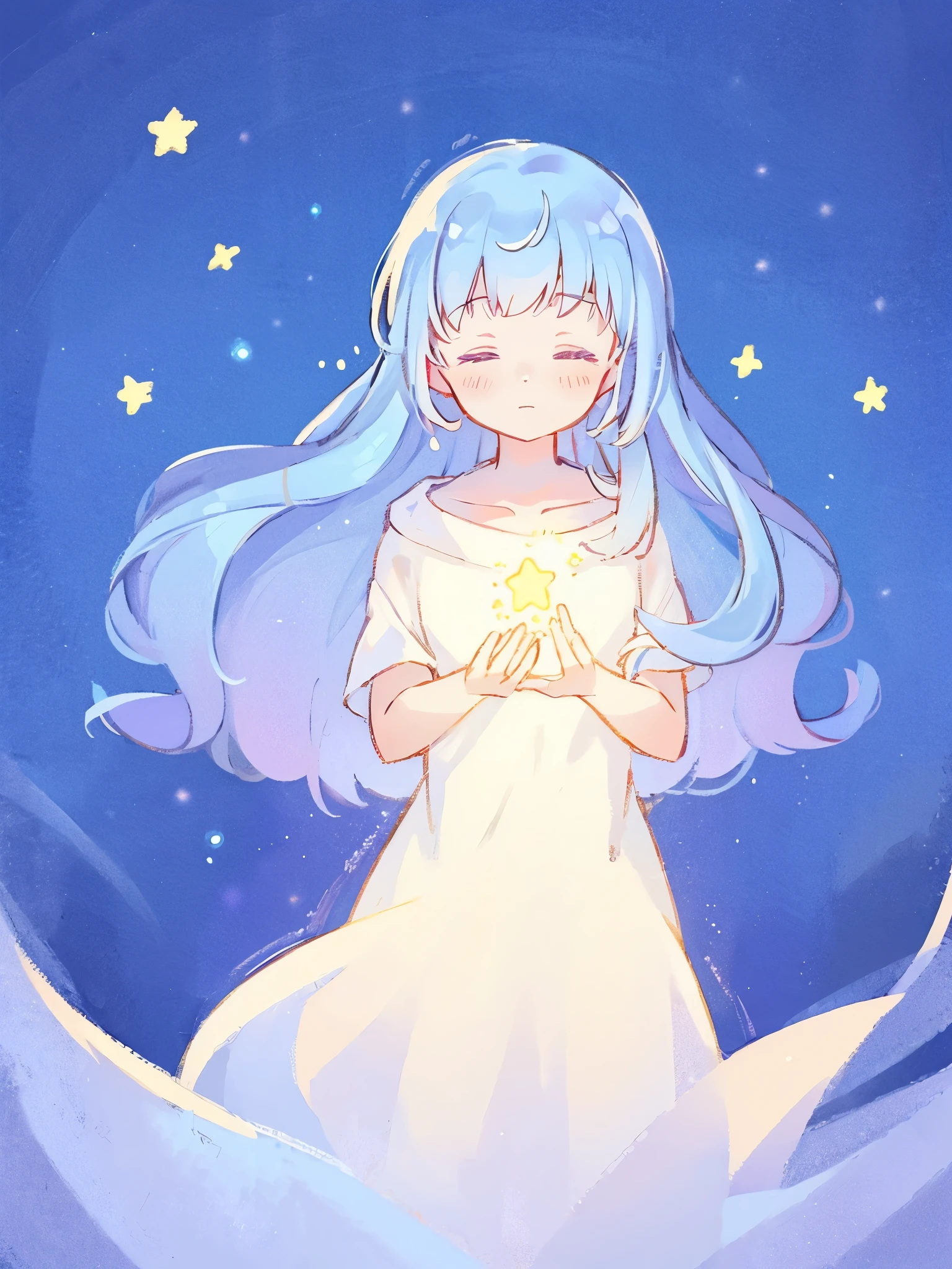 wishing star background, woman holding a glowing star in her hands, magical, complex drawing, highly detailed, ethereal, starry night, midjourney style