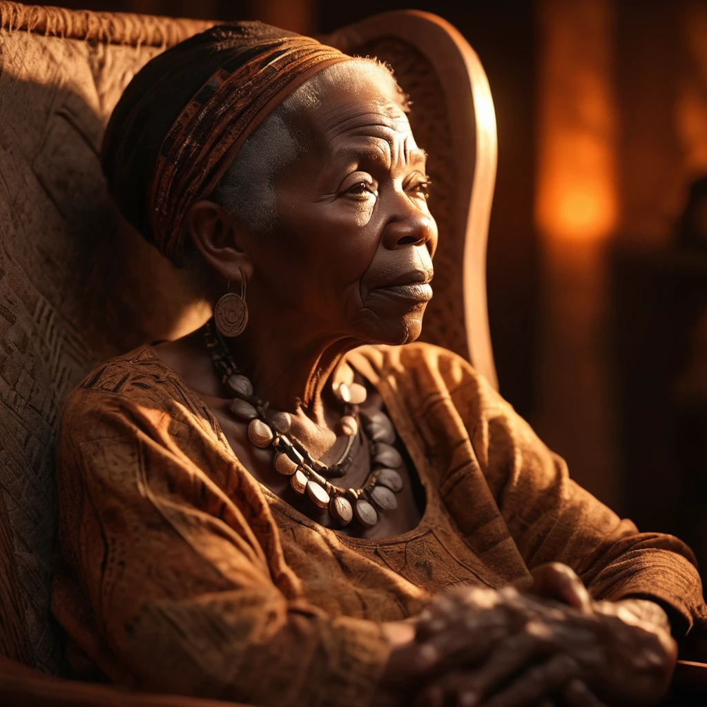 A elderly black woman, sitting in a chair with a  in her lap, african mythology, intricate tribal patterns, warm lighting, sepia tones, highly detailed, cinematic composition, chiaroscuro lighting, dramatic shadows, ethereal atmosphere, (best quality,4k,8k,highres,masterpiece:1.2),ultra-detailed,(realistic,photorealistic,photo-realistic:1.37),HDR,UHD,studio lighting,ultra-fine painting,sharp focus,physically-based rendering,extreme detail description,professional,vivid colors,bokeh,dramatic lighting,cinematic,portrait