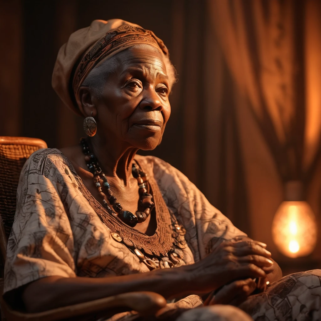 A elderly black woman, sitting in a chair with a in her lap, african mythology, intricate tribal patterns, warm lighting, sepia tones, highly detailed, cinematic composition, chiaroscuro lighting, dramatic shadows, ethereal atmosphere, (best quality,4k,8k,highres,masterpiece:1.2),ultra-detailed,(realistic,photorealistic,photo-realistic:1.37),HDR,UHD,studio lighting,ultra-fine painting,sharp focus,physically-based rendering,extreme detail description,professional,vivid colors,bokeh,dramatic lighting,cinematic,portrait