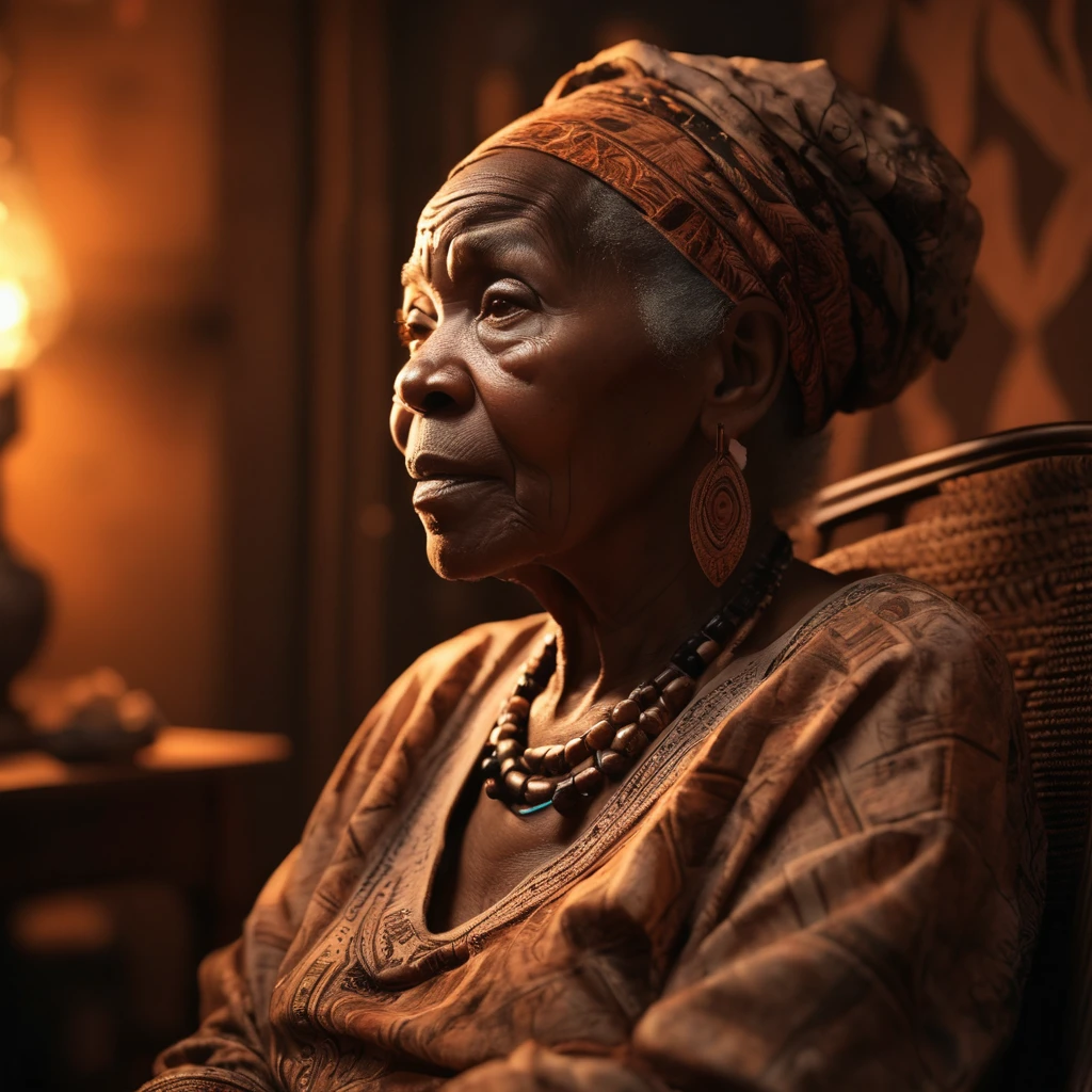 A elderly black woman, sitting in a chair with a in her lap, african mythology, intricate tribal patterns, warm lighting, sepia tones, highly detailed, cinematic composition, chiaroscuro lighting, dramatic shadows, ethereal atmosphere, (best quality,4k,8k,highres,masterpiece:1.2),ultra-detailed,(realistic,photorealistic,photo-realistic:1.37),HDR,UHD,studio lighting,ultra-fine painting,sharp focus,physically-based rendering,extreme detail description,professional,vivid colors,bokeh,dramatic lighting,cinematic,portrait