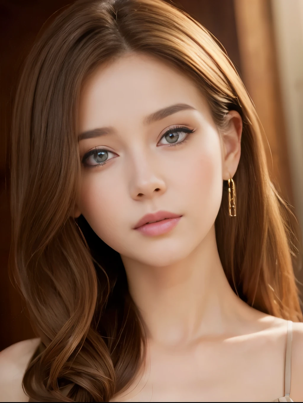 （Realistic:1.2）,(Masterpiece,highest quality)，8k,((One Woman)),20-year-old,Tight waist,Big Hips,Perfect Anatomy, Brown Hair, Long Hair,Random Hairstyles,Big beautiful breasts,((Highly detailed face and eyes:1.2))(Cute Face:1.4)，Beautiful actress face，Perfect golden ratio face，Women&#39;s Suits、gorgeous,Random sexy poses，Smiling、(garter belt,)Succubus:1.2
