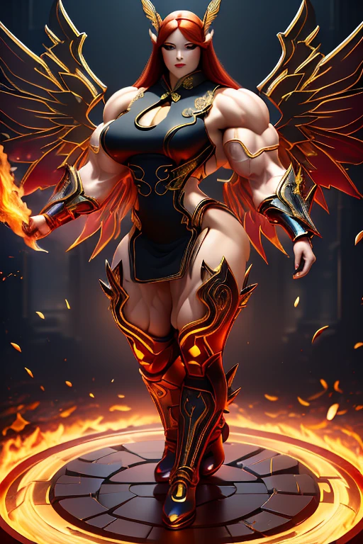 (((Massive, beautiful, buff, pale white skinned, muscular asian woman with red hair, black lipstick, glowing yellow eyes, huge angel wings, ginormous bulky muscles and wearing a beautiful long black futuristic armored cheongsam dress))), {close view}, massive muscles, massive biceps, huge angel wings, hyper muscle triceps, (long hair), yellow eyes, (beautiful long cheongsam dress), gauntlets, high heels boots, in a sea of red flames, surrounded by red fire, night, smirk, hyper muscles arms, hyper muscle legs, massive arms.