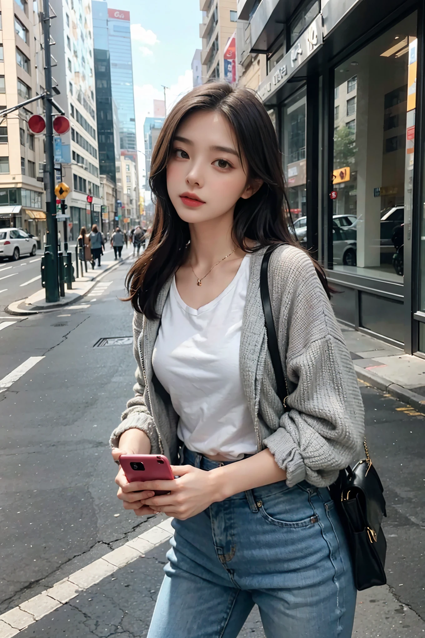 Beautiful woman, Playing with your cell phone in the middle of the street, Short clothes