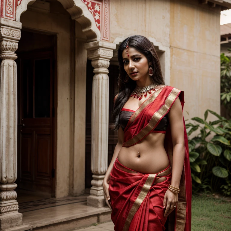 Foto RAW, photography, full body shot, master shot, Wearing a red Stanapatta, a black chest-band.red Saree model, model Photography, Indian saree shoot, Indian traditional wear advertising photography, traditional wear brand shoot, masterpiece, realistic, realism, armature, outdoor photo shoot 