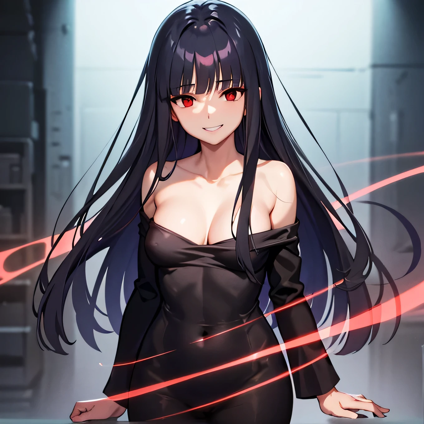 best quality: 1.0), (ultra high resolution: 1.0), animated movie, black long hair, red eyes, long sleeves, nipple, standing, whole body, smiling face, alone, view from the front, medium chest, complete body, cleavage, clavicle, naked, whole body nude, clitoris, classroom background