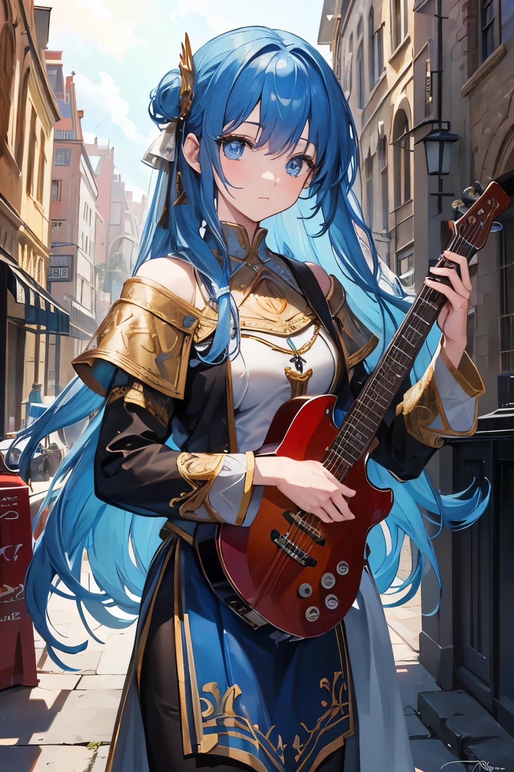 (Best Quality),(Masterpiece), (Best Movie), (Best Fantasy), (Best Art Work), (( 1 Female)), long hair, blue eyes,musician,daytime,medieval european city