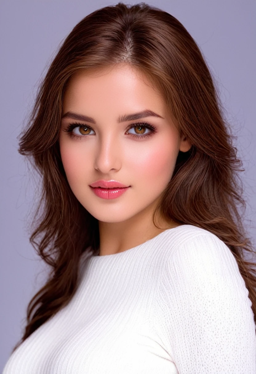 A beautiful 25 year old girl, de piel blanca como la nieve, Light brown hair, ruby eyes, con una mirada angelical y adorable 
